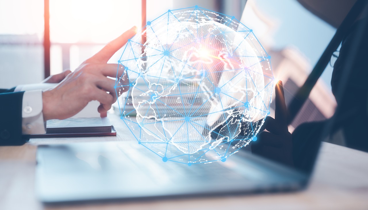 digital Internet network technology, IoT, digital software development, computer code, modern tech concept. Internet network with wireless connection, cloud
